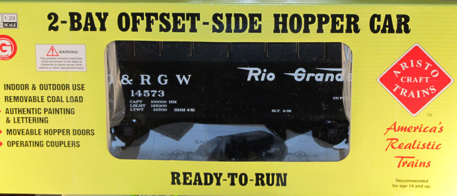 Aristo Craft G Scale D&amp;RGW 2 Bay Hopper Car W/ Metal Wheels NEW 41804 